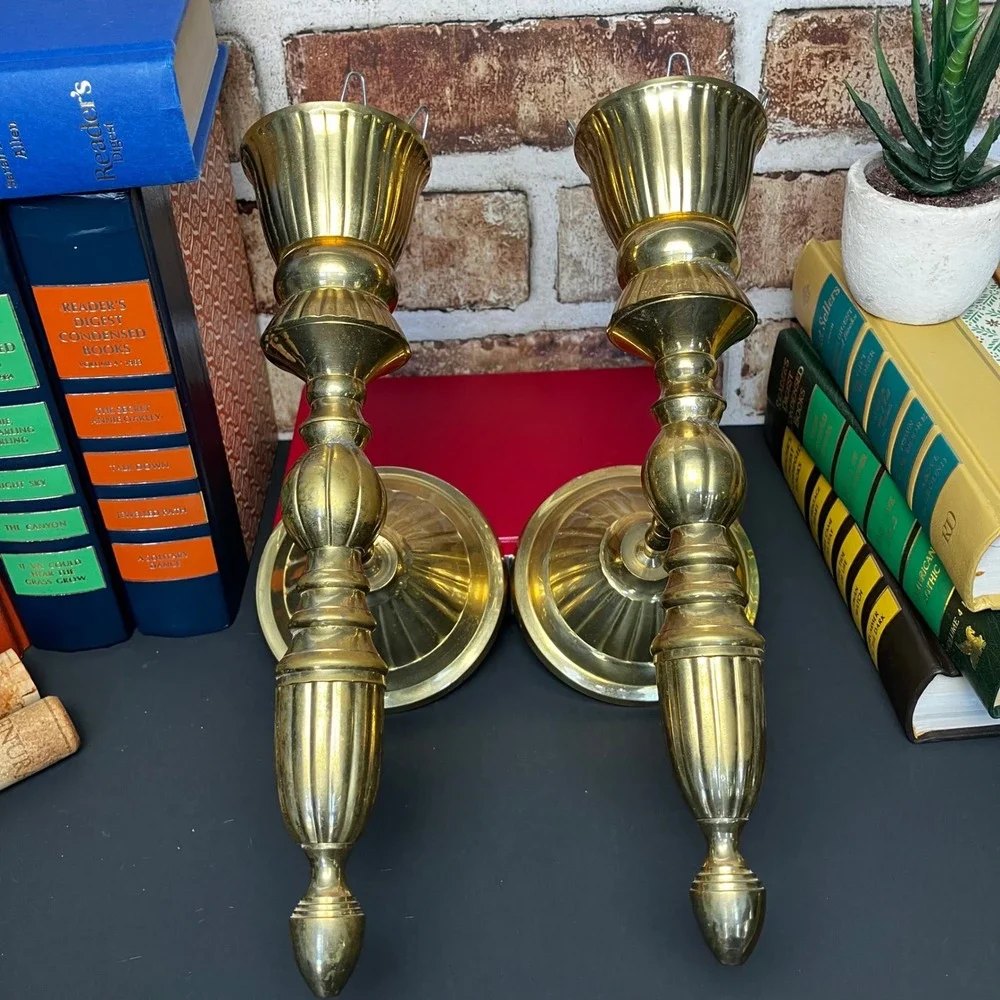 Vintage Brass Wall Sconces Pair Fluted Spindle Candle Holders Made in India 10